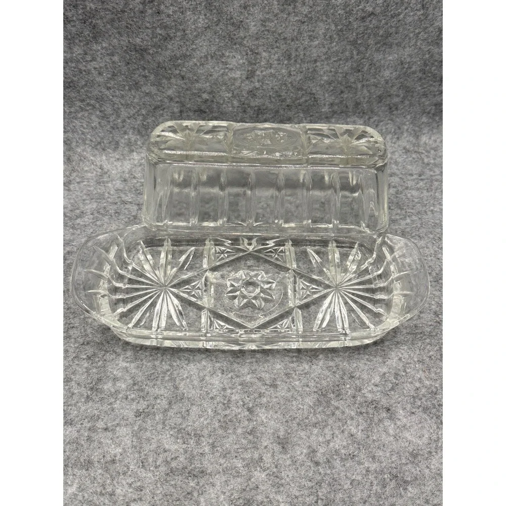 Vintage Crystal Pressed Glass Butter Dish with Lid Starburst Pattern Rectangular